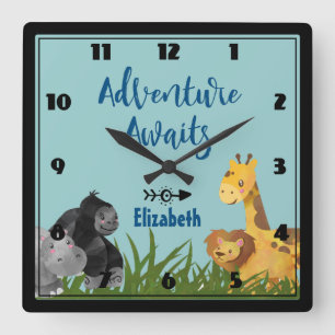 Horloge Carrée Safari Jungle Animal Illustration Aventure Attend