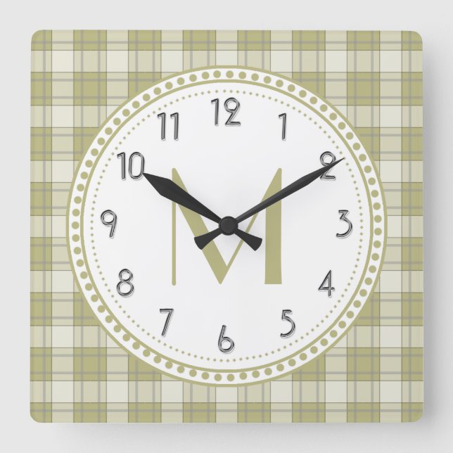Horloge Carrée Sage Green Country Plaid Pattern monogram (Recto)
