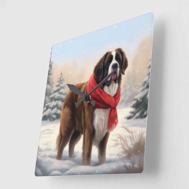 Horloge Carrée Saint Bernard Chien à Noël de neige (Angle)