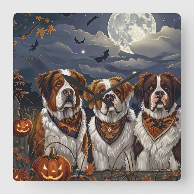 Horloge Carrée Saint Bernard Halloween Éffrayant (Recto)
