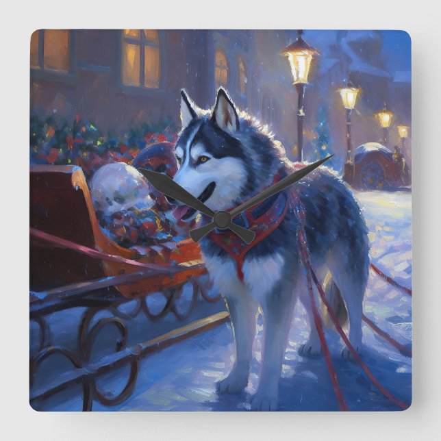 Horloge Carrée Saison de Noël Sibérienne Husky (Recto)