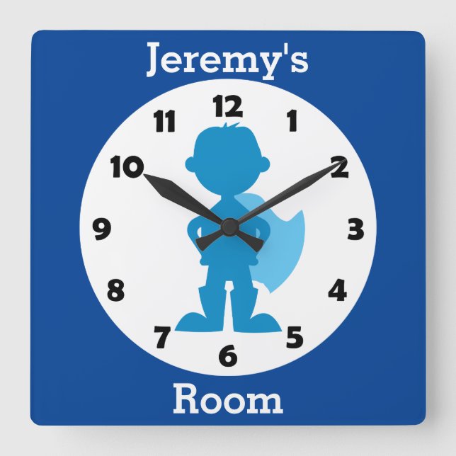 Horloge Carrée Salle pour enfants Superhero Bleu Personnalisé (Recto)