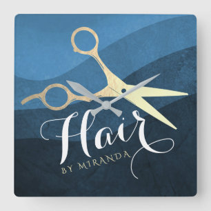 Horloge Carrée Salon des cheveux Coiffeuse Ciseaux bleu et or mod