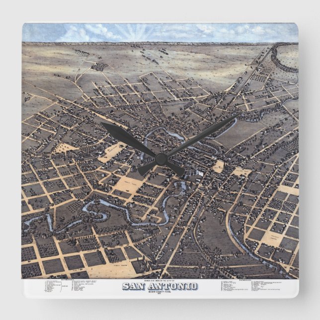 Horloge Carrée San Antonio, Texas, Antique Aerial City Map, 1873 (Recto)