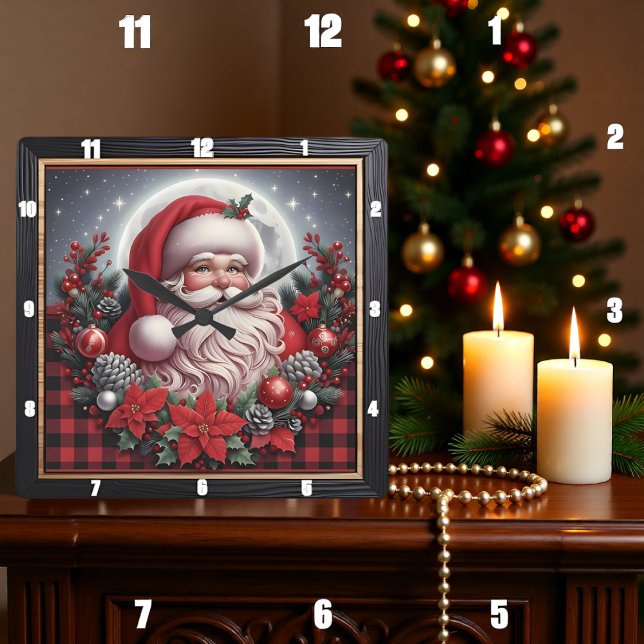 Horloge Carrée Santa Claus Buffalo Plaid (Créateur téléchargé)