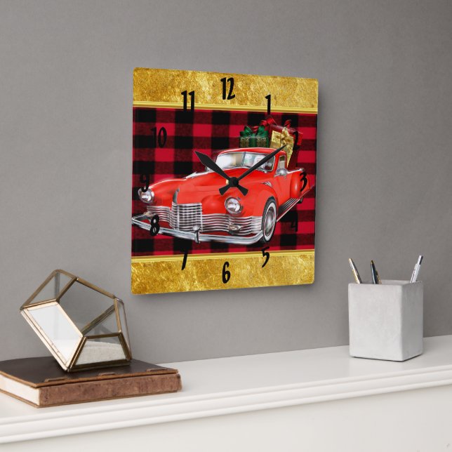 Horloge Carrée Santa Claus dans une vieille vieille voiture ancie (Bureau)