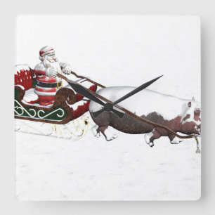 Horloge Carrée Santa Sled Pulled By Hippopotamus