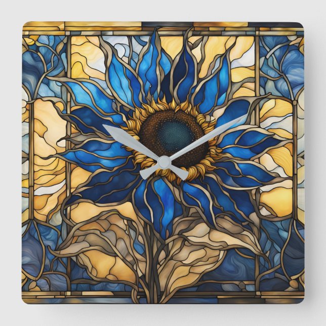 Horloge Carrée Sapphire Bleu N Verre doré Tournesol (Recto)