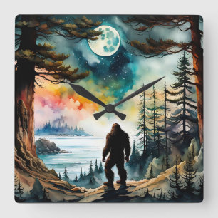 Horloge Carrée Sasquatch debout sur la crête surplombant l'océan