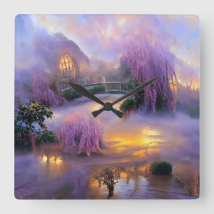 Horloge Carrée Saules roses au coucher du soleil par l'étang