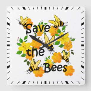 Horloge Carrée Sauvez les abeilles, Nid d'abeille et Fleurs Jaune