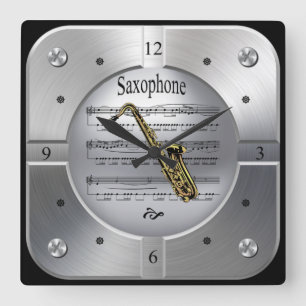 Horloge Carrée Saxophone ~ Feuille de musique ~ Couleur d'argent