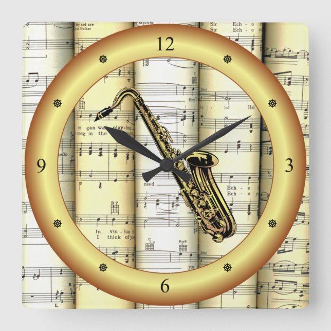 Horloge Carrée Saxophone ~ Partition roulée ~ Anneau or ~ * ~ ~ (Recto)