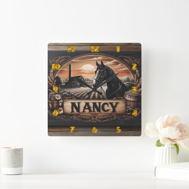 Horloge Carrée Scène de cheval et de ferme avec plaque signalétiq (Maison)
