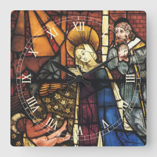 Horloge Carrée Scène de la Nativité de Noël vintage en verre tein