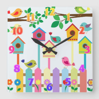 Horloge Carrée Scène de maison d'oiseaux pour enfants