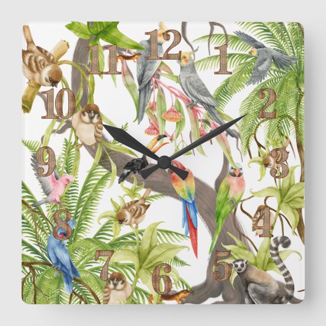 Horloge Carrée Scène Jungle Oiseaux tropicaux, Critères, Liège (Recto)