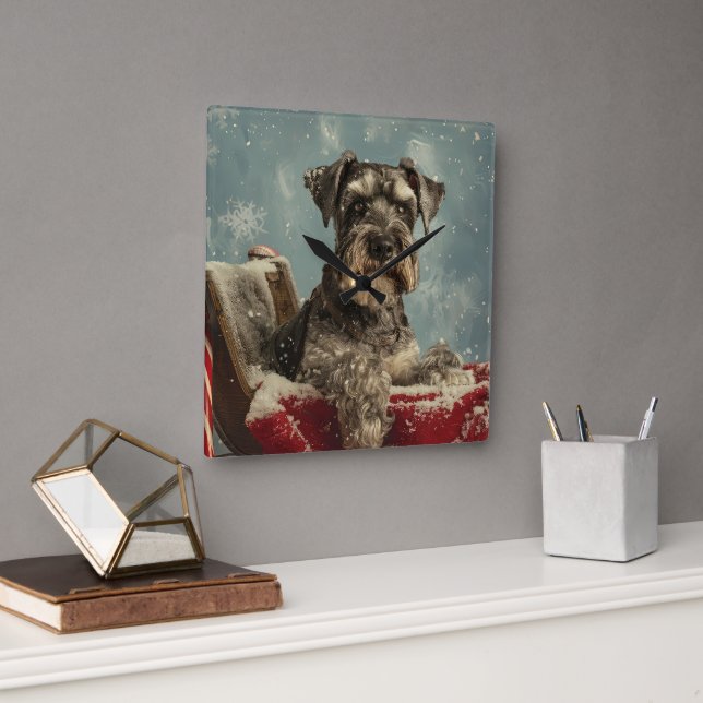 Horloge Carrée Schnauzer Chien Festif de Noël (Bureau)