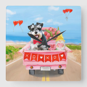 Horloge Carrée Schnauzer Chien Saint Valentin Coeurs de camion