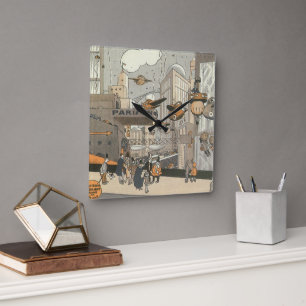 Horloge Carrée Science-fiction urbaine vintage Paris, Steam Punk