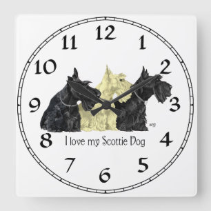 Horloge Carrée Scotties noirs et blonds comme les blés