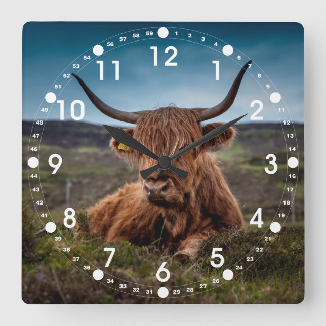 Horloge Carrée Scottish Highland Cow Longhorn Bull Rancher (Recto)