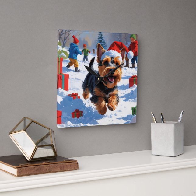Horloge Carrée Scottish Terrier coule la neige avec le Casquette  (Bureau)