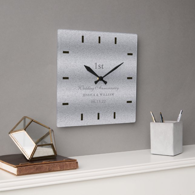 Horloge Carrée Script moderne Argent Mariage Anniversaire Gardien (Bureau)
