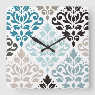 Horloge Carrée Scroll Damask XLg Motif Art Teals Browns White
