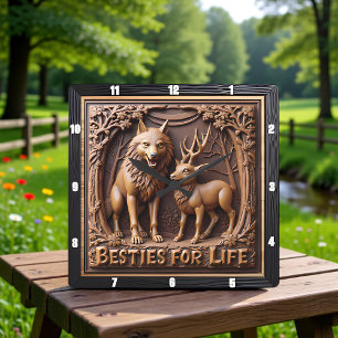 Horloge Carrée Sculpture en bois d'un couple de loup et de cerf