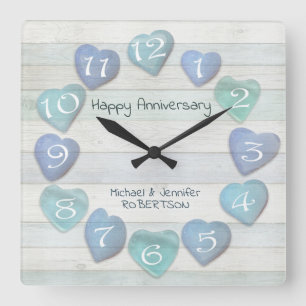Horloge Carrée Sea Glass Hearts Beach Anniversaire Bois de chauff
