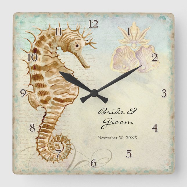 Horloge Carrée Sea Horse Coastal Beach Cadeau Mariage personnalis (Recto)