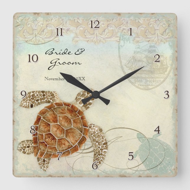 Horloge Carrée Sea Turtle Modern Coastal Ocean Beach Swirls (Recto)