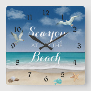 Horloge Carrée Sea You At The Beach Ocean Scene Large Clock