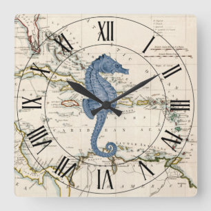 Horloge Carrée Seahorse~Antilles~Carte marine 1785~