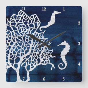 Horloge Carrée Seahorse Beach House Coral Vintage Navy Bleu blanc