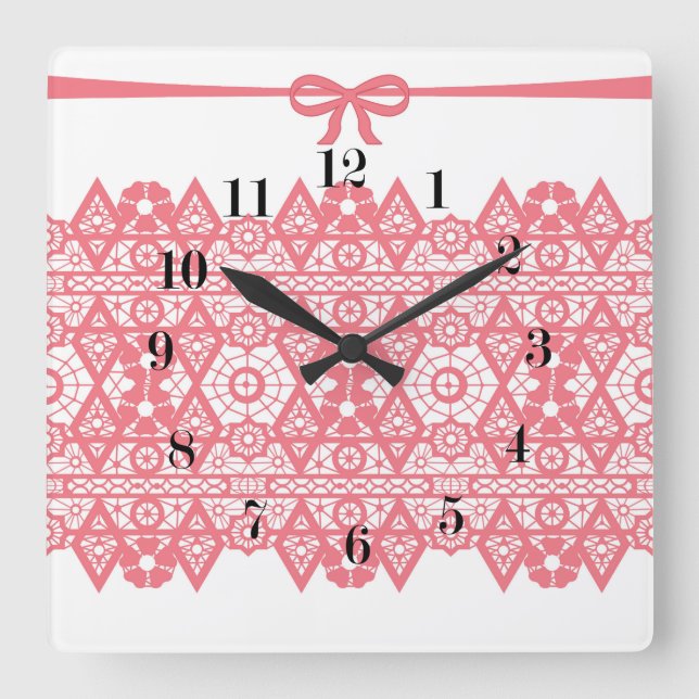 Horloge Carrée Seamless pink romantic elegant lace lacy bow white (Recto)