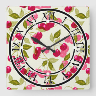 Horloge Carrée Seamless red cartoon cherry berry cute pattern whi