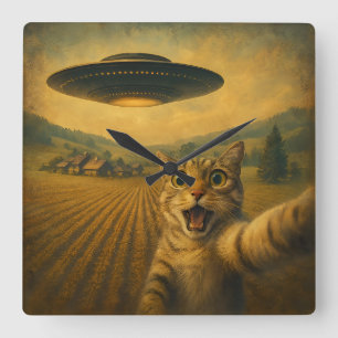 Horloge Carrée Selfie De Chat Avec Alien UFO Drôle Cadeaux De Cha
