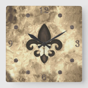 Horloge Carrée Sepia Butterfleur   Tan Butterfly sur Fleur de Lis