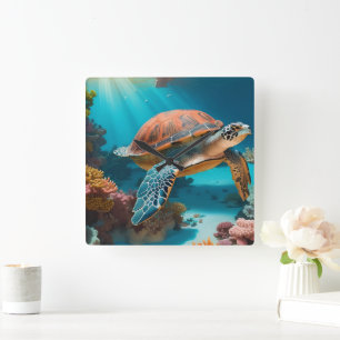 Horloge Carrée Serene 3D Sea Turtle dans Ocean Tranquille Marine 