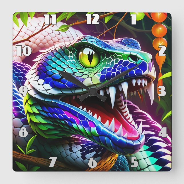 Horloge Carrée Serpent de Cobra aux écailles turquoise et bleue v (Recto)