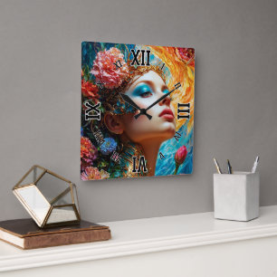 Horloge Carrée Ses délices floraux AI Concept Art de Xzendor7