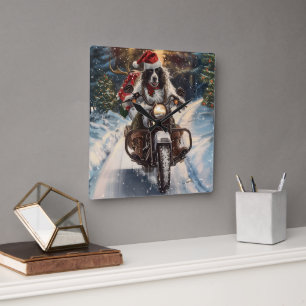 Horloge Carrée Setter Anglais à Cheval sur une Moto de Noël