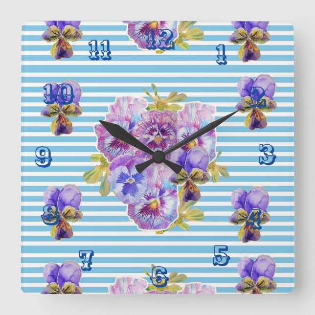 Horloge Carrée Shabby Chic Bleu Stripe Pansy Fleur Floral Art (Recto)