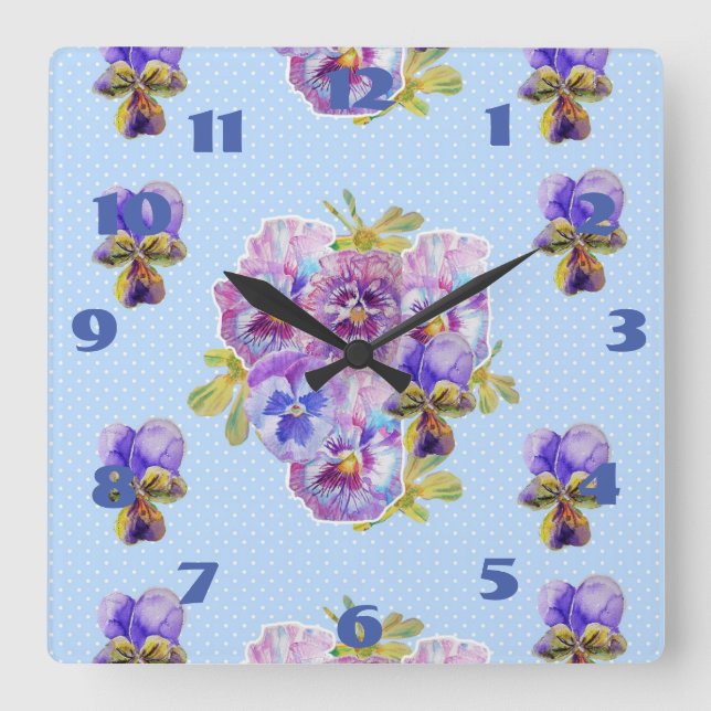 Horloge Carrée Shabby Chic Fleurs de Pâquerette Bleues Motif à Po (Recto)