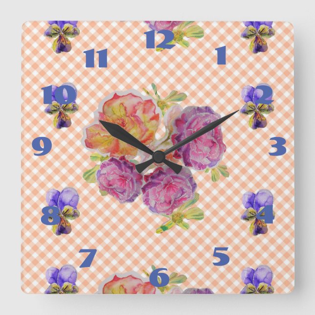 Horloge Carrée Shabby Chic Pink Roses Rose Floral Check Clock (Recto)
