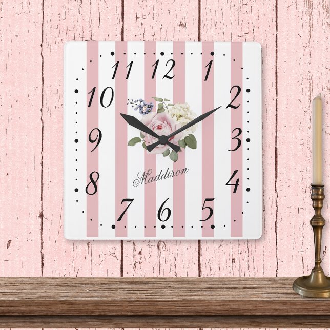 Horloge Carrée Shabby Chic Pink Striped Rose Bouquet (Créateur téléchargé)