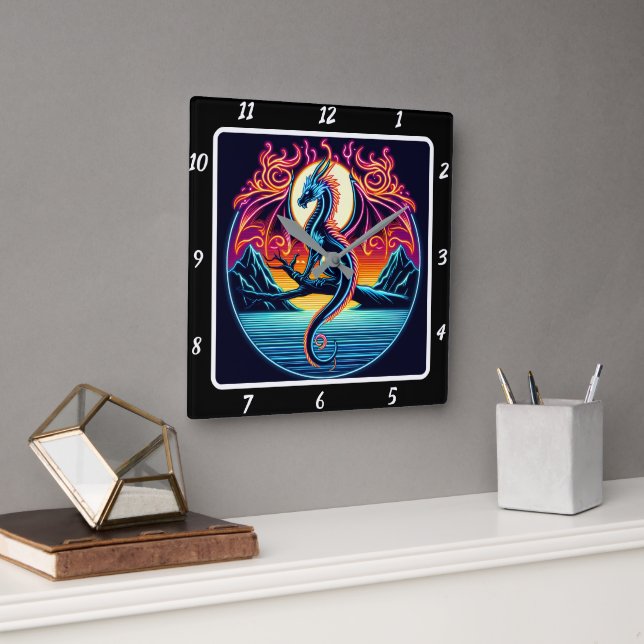Horloge Carrée Shadowfire Neon Dragon (Bureau)