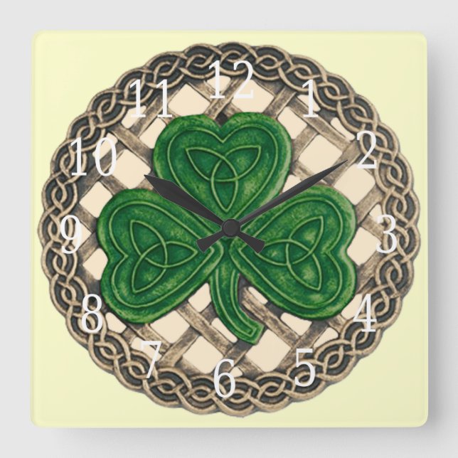 Horloge Carrée Shamrock and celtic knots Square clock (Recto)